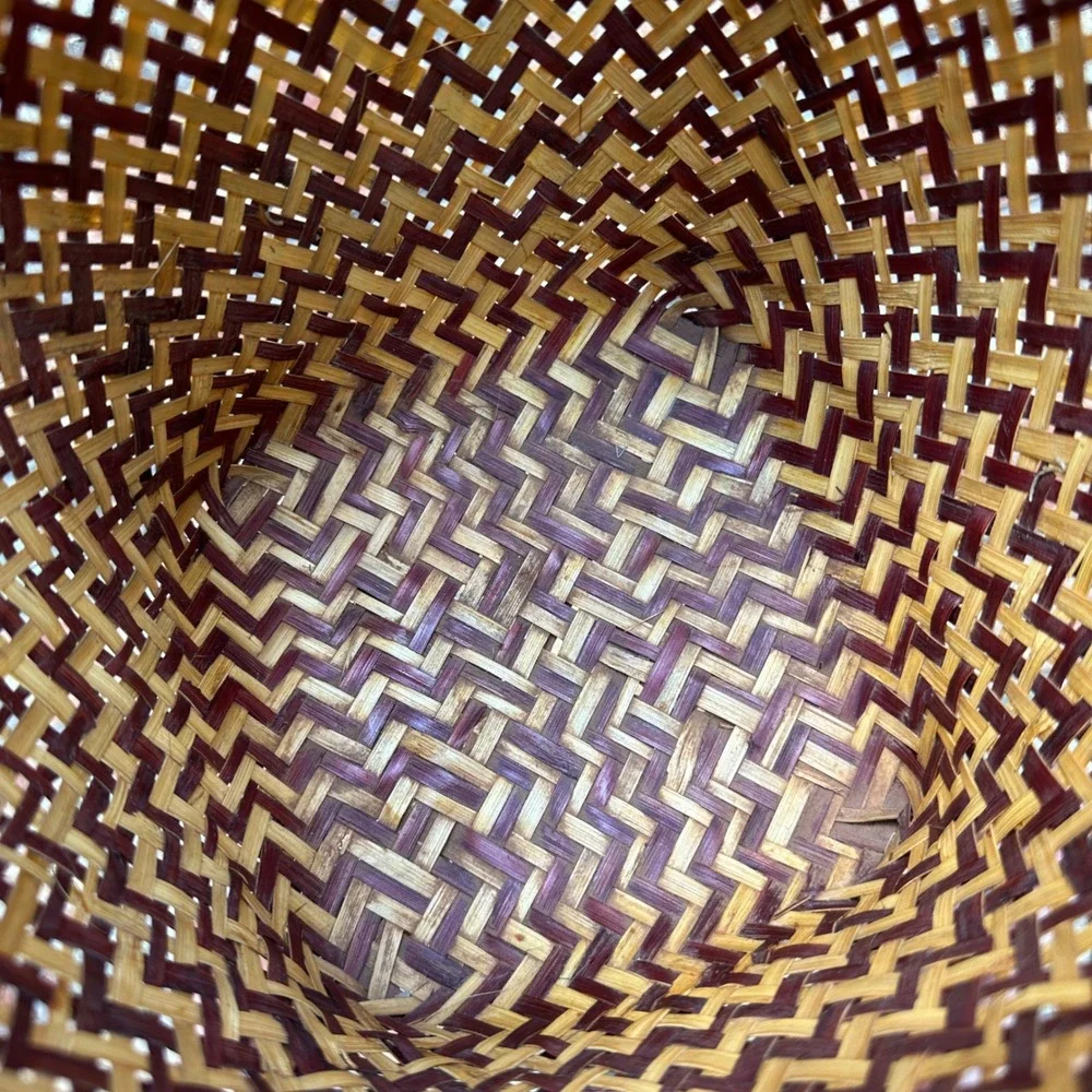 Vintage Woven Bamboo‎ Basket Two Tone Brown Natural Footed Decorative Pot Small